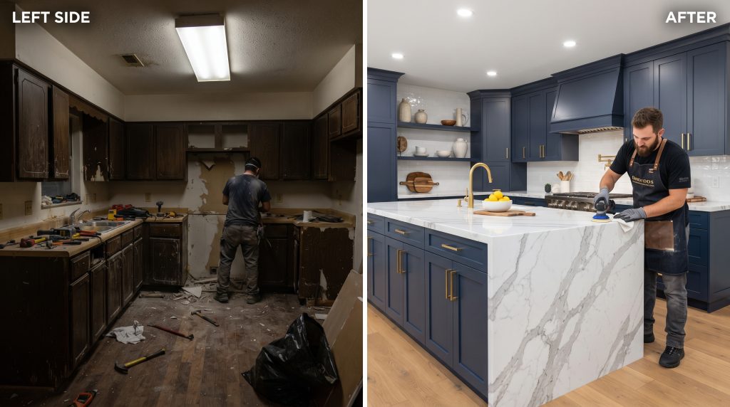 Residential kitchen renovation with new cabinetry and countertops