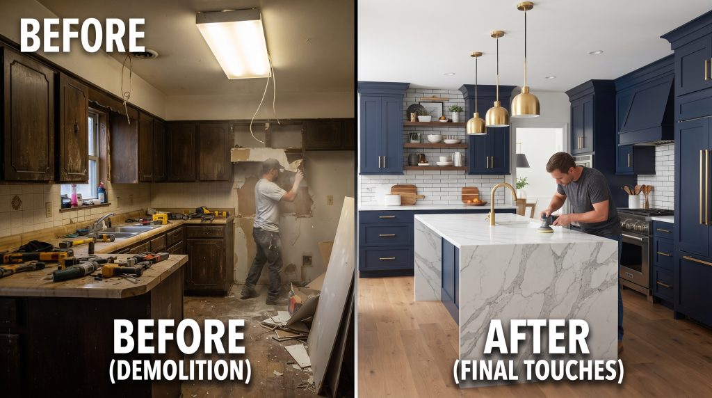 Custom remodeled kitchen with modern cabinets, countertops, and appliances