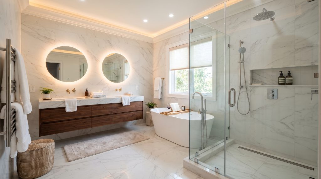 Modern bathroom with a glass shower enclosure, soaking tub, floating vanity, and bright neutral finishes