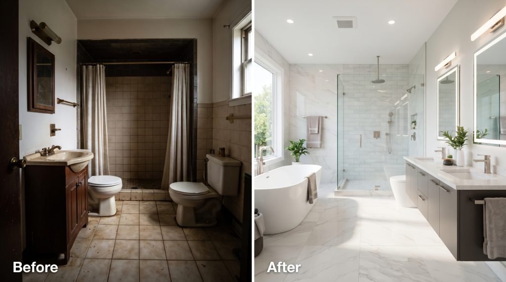 Completed residential bathroom remodel with modern interior finishes