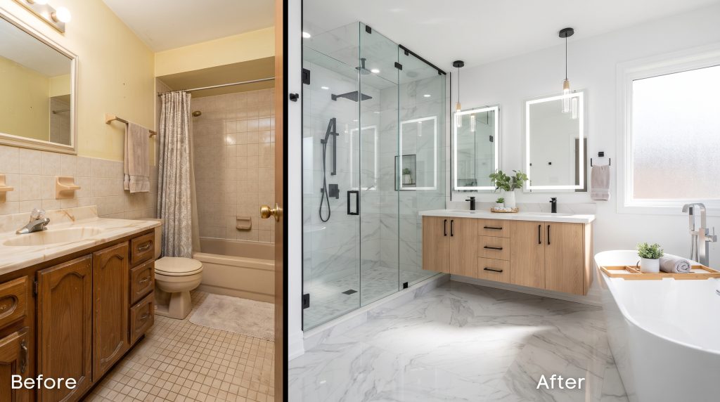 Remodeled bathroom interior with updated vanity and modern finishes