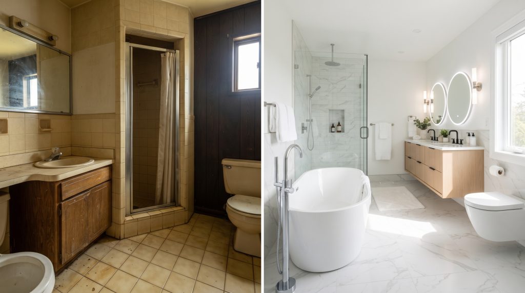 Renovated bathroom with modern fixtures and finished walls