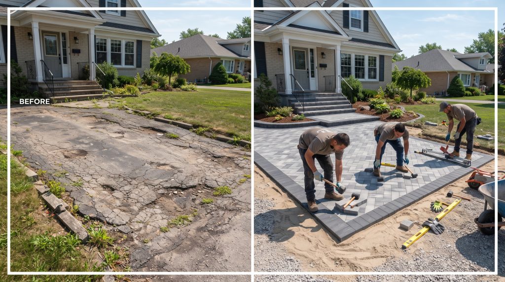 Workers renovating a residential driveway